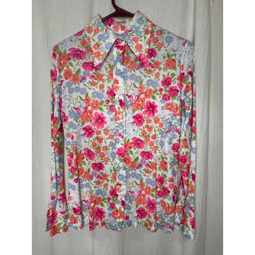 1970s Love Birds Floral Saturday Night Fever Disco Maximalist Dagger Shirt S